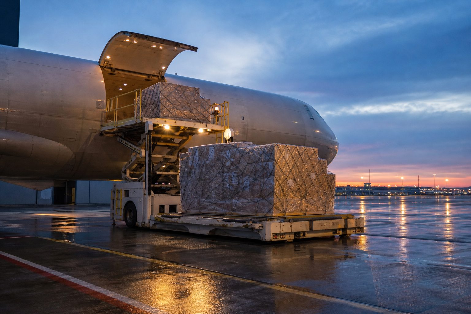 Air cargo pallets being loaded into the cargo door of a wide-body freighter on an airport apron at dusk
