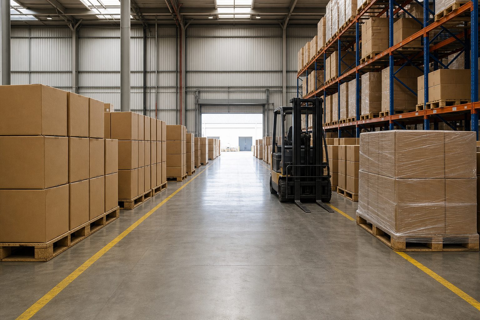 Palletised cartons stacked in a modern logistics warehouse aisle with a forklift and a stretch-wrapped pallet ready for dispatch