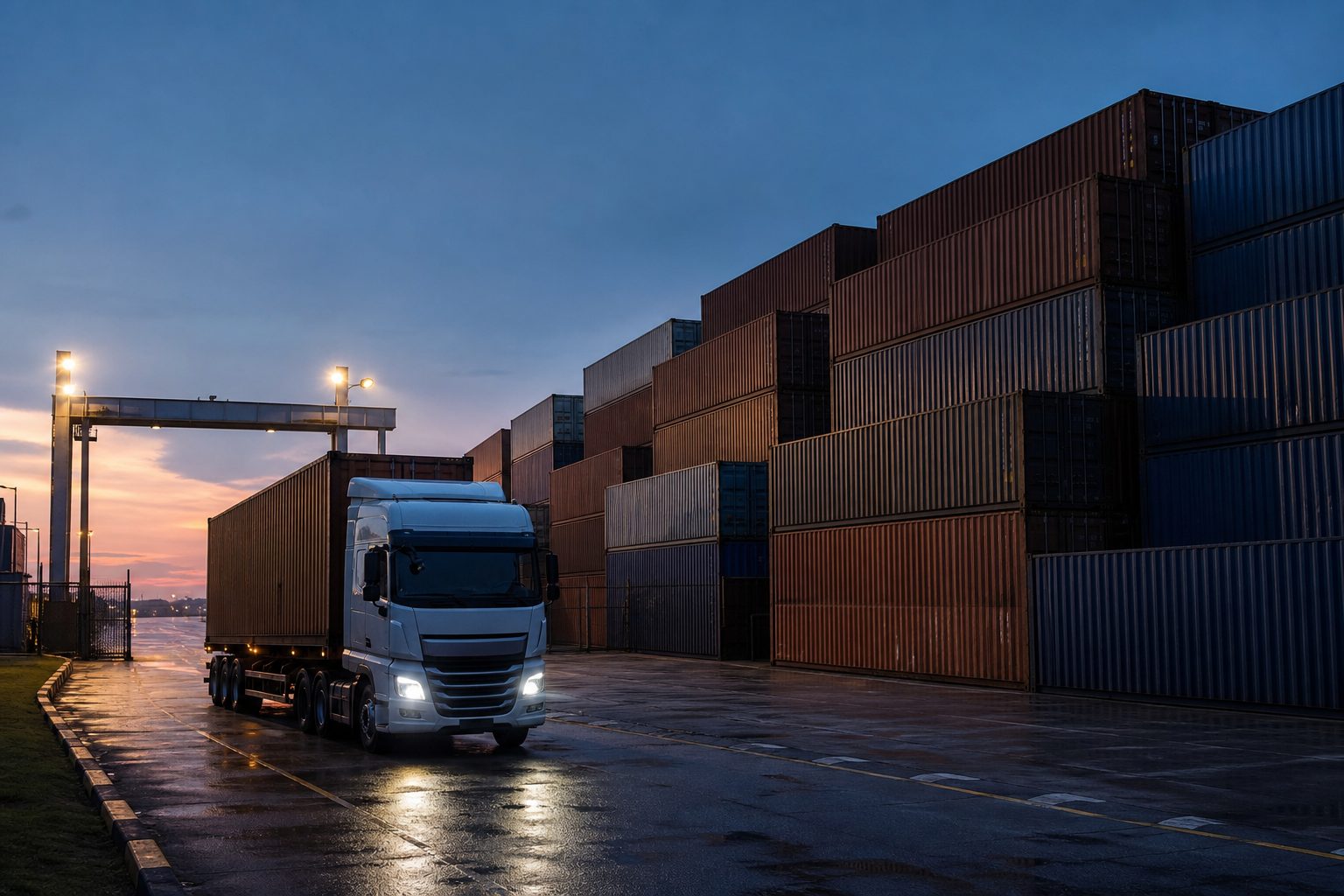 Container yard at dusk with stacked shipping containers and a loaded truck entering through the yard gate