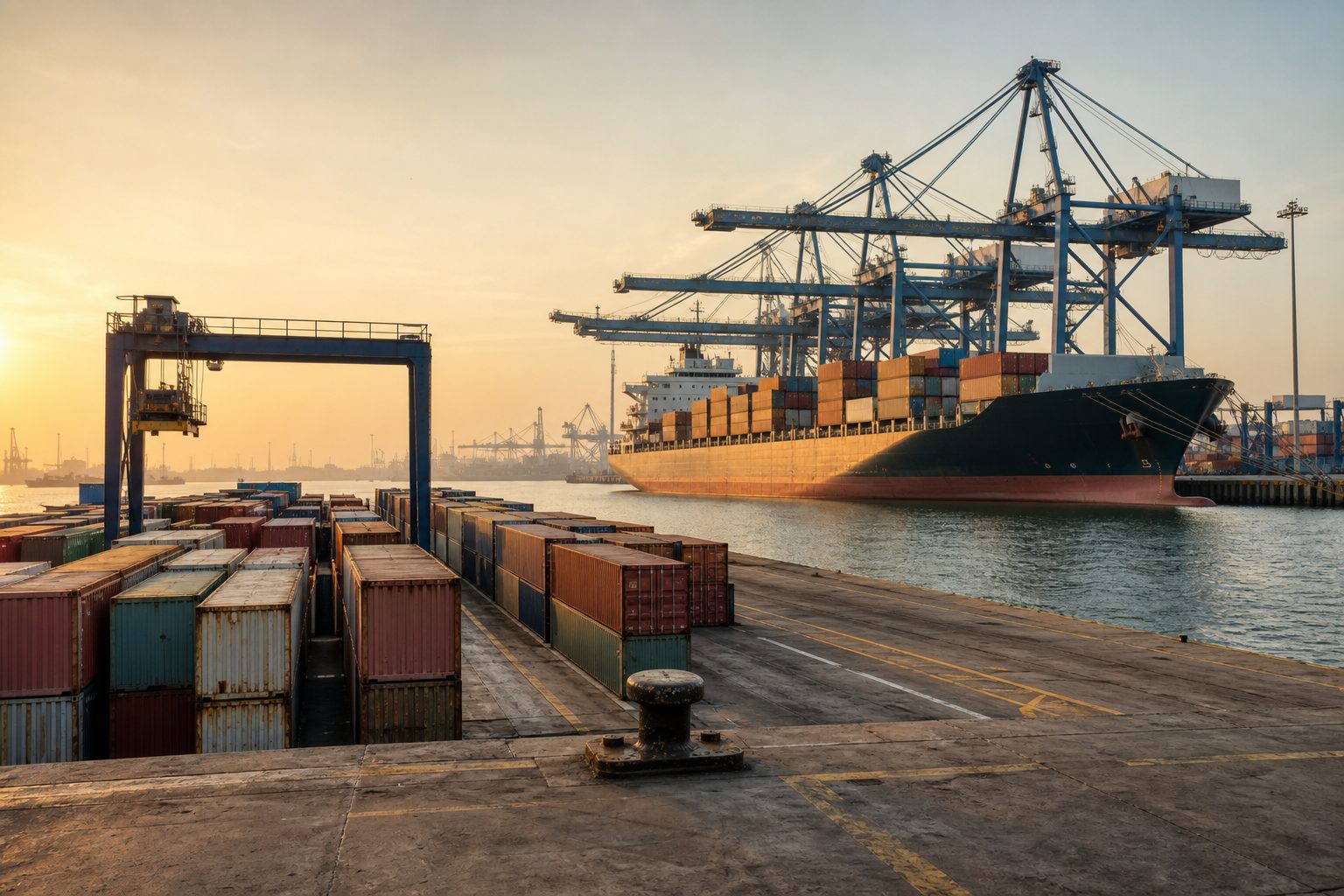 Container terminal at an Indian seaport at golden hour with a berthed container ship and stacked shipping containers