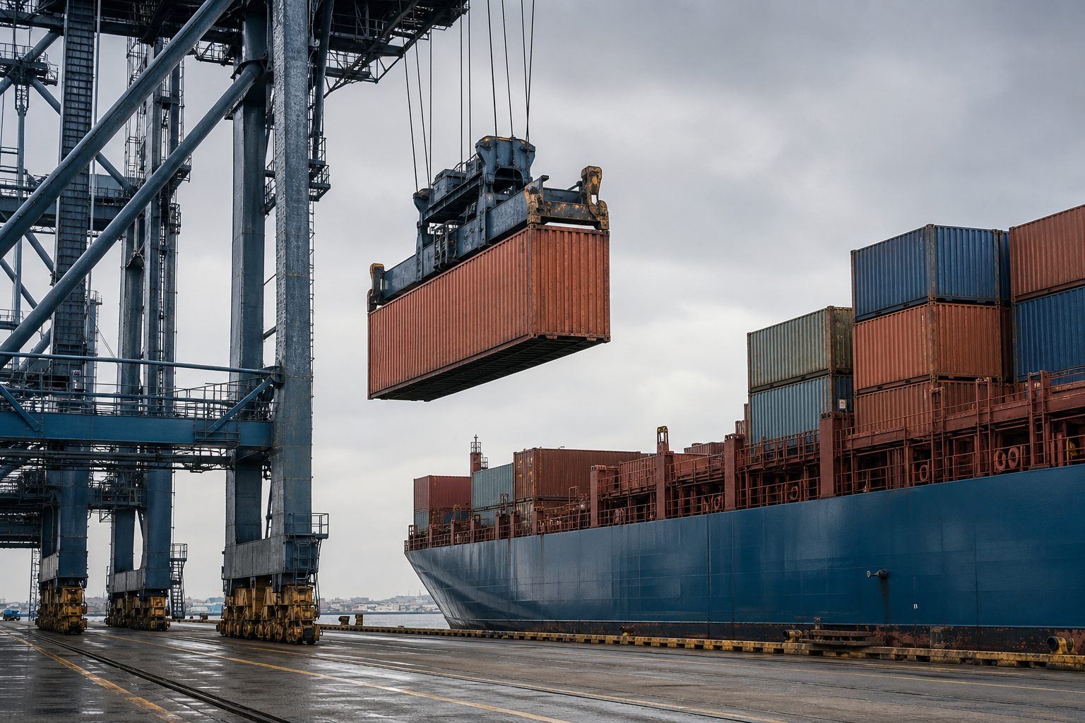 Gantry crane lifting a shipping container from the quay toward a container ship, capturing the moment cargo changes hands