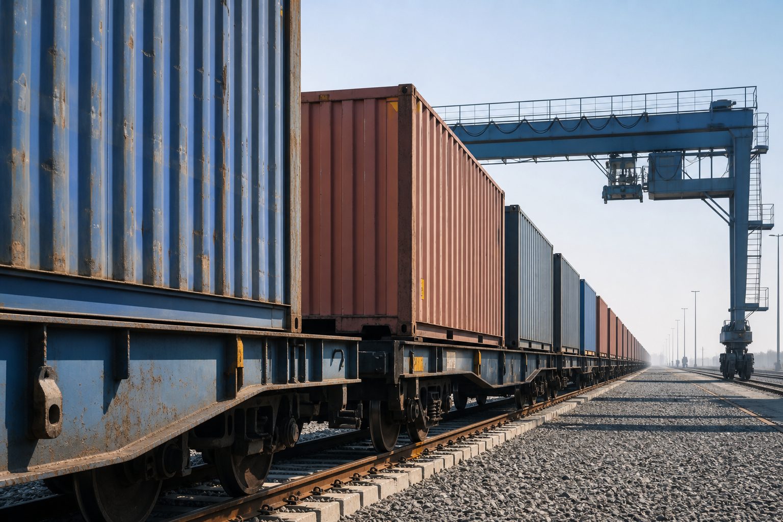 Container train at an inland intermodal terminal with flatcars loaded with shipping containers under a rail-mounted gantry crane